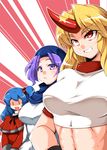  abs blonde_hair blue_hair breasts cross_eyed cuffs hair_bobbles hair_ornament hood horn hoshiguma_yuugi kumoi_ichirin large_breasts lavender_eyes lavender_hair long_hair medium_breasts midriff multiple_girls red_eyes shinki short_hair side_ponytail tajima_yuuki touhou |_| 