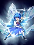  blue_eyes blue_hair bow cerberus_(weapon) cirno devil_may_cry devil_may_cry_3 hair_bow highres neck_ribbon nunchaku parody ribbon short_hair solo touhou weapon wings yukichi_(bancho99) 