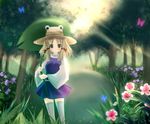  bad_deviantart_id bad_id blonde_hair blush bug butterfly dew_drop flower forest grass green_eyes hair_ornament hair_ribbon hat insect lily_pad marionette_(excle) moriya_suwako nature plant ribbon smile solo sunlight thighhighs touhou tree water water_drop white_legwear zettai_ryouiki 