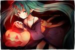  aqua_eyes aqua_hair halloween happy_halloween hatsune_miku horns jack-o'-lantern japanese_clothes kimono lantern long_hair pointy_ears pumpkin smile solo tama_(songe) twintails very_long_hair vocaloid 