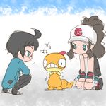  1girl ahoge ara_(sora-ageha) black_hair blue_eyes cheren_(pokemon) gen_5_pokemon glasses hat heart pokemon pokemon_(creature) pokemon_(game) pokemon_bw scraggy squatting touko_(pokemon) wristband 