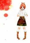  :o arakawa_under_the_bridge bob_cut boots bow fingers full_body hand_on_hip index_finger_raised open_mouth p-ko_(arakawa) pigeon-toed pointing puffy_sleeves red_eyes red_hair short_hair simple_background skirt solo spot_color standing star traditional_media watercolor_(medium) yueko 