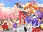  blonde_hair blue_eyes blush bow brown_eyes brown_hair chain cherry_blossoms detached_sleeves fang from_above gourd hair_bow hair_ornament hair_ribbon hakurei_reimu hands_on_hips hat highres horn_ribbon horns ibuki_suika long_hair marionette_(excle) minigirl moriya_suwako multiple_girls open_mouth outstretched_arm outstretched_arms plant red_eyes ribbon shoes sitting sleeves_past_wrists smile socks spread_arms sweatdrop thighhighs torii touhou tree white_legwear zettai_ryouiki 