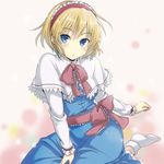  alice_margatroid between_legs blonde_hair blue_eyes blush bow capelet dress face hairband hand_between_legs k.y_ko no_shoes short_hair sidelocks sitting socks solo touhou white_legwear 