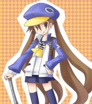  backpack bag baseball_bat blue_hat brown_eyes brown_hair disgaea hat jacket karina kazamatsuri_fuuka long_hair makai_senki_disgaea_4 open_clothes open_jacket prinny school_uniform serafuku skirt solo thighhighs twintails very_long_hair 