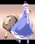  crossover dress gen_1_pokemon hat kamishirasawa_keine long_hair mary_janes miyo_(miyomiyo01) poke_ball pokemon pokemon_(creature) red_eyes shoes silver_hair tauros touhou very_long_hair 