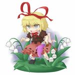  &gt;:) :d blonde_hair bow dress flower hair_ribbon lily_of_the_valley medicine_melancholy nice open_mouth poison ribbon short_hair silver_eyes smile solo spill touhou v-shaped_eyebrows 