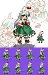  bow chibi dress ex-keine green_hair hat horn_ribbon horns kamishirasawa_keine long_hair multicolored_hair niwatori_takeshi pixel_art red_eyes ribbon short_sleeves silver_hair smile solo sprite_sheet tail touhou two-tone_hair 