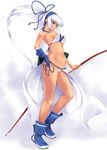  blue_eyes boots bow_(weapon) breasts full_body hand_on_hip highres kirishima_satoshi long_hair majikina_mina medium_breasts navel panties ponytail samurai_spirits sideboob simple_background snk solo underwear weapon white_hair 