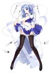  bad_id bad_pixiv_id black_legwear blue_eyes braid caidychen garter_straps highres izayoi_sakuya knife legs maid maid_headdress short_hair silver_hair solo string thighhighs touhou twin_braids 