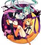  animal_ears aqua_eyes aqua_hair bat_wings blonde_hair bow cat_ears cat_tail elbow_gloves fang fingerless_gloves gloves green_eyes hair_bow hair_ornament hairclip halloween happy_halloween hatsune_miku highres kagamine_rin long_hair multiple_girls paw_gloves paws short_hair skirt smile suspenders tail thighhighs twintails very_long_hair vocaloid wadaka wings zettai_ryouiki 