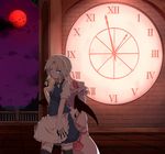  analog_clock back-to-back bat_wings blue_eyes braid clock clock_tower full_moon garter_straps garters hat izayoi_sakuya katanakko_daisuki knife lavender_hair maid maid_headdress moon multiple_girls red_eyes red_moon remilia_scarlet roman_numerals short_hair silver_hair thighhighs touhou tower twin_braids wings zettai_ryouiki 