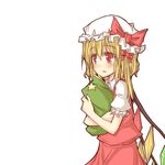  blonde_hair blush borrowed_garments flandre_scarlet hat hat_removed headwear_removed holding holding_hat natsuk red_eyes short_hair side_ponytail solo star touhou wings 