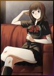  amami_haruka border brown_hair chin_rest couch crossed_legs digital_media_player earphones green_eyes idolmaster idolmaster_(classic) inu_(aerodog) looking_away short_hair sitting solo 