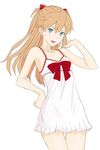  :d blue_eyes bow breasts brown_hair chemise cleavage coldcrush hand_on_hip long_hair neon_genesis_evangelion open_mouth shikinami_asuka_langley simple_background small_breasts smile solo souryuu_asuka_langley thigh_gap 