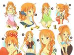 artist_request bangle bikini_top bracelet braid breast_squeeze breasts cleavage earrings jewelry log_pose medium_breasts midriff multiple_persona nami_(one_piece) one_piece orange_hair ponytail tattoo twin_braids twintails 
