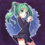  bad_id bad_pixiv_id cityscape fisheye formal green_eyes green_hair hair_ribbon hands_clasped hatsune_miku long_hair necktie own_hands_together ribbon saihate_(vocaloid) skirt sky solo tears twintails umeboshitora vocaloid 