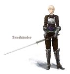  androgynous armor beato2528 blonde_hair boots breastplate german gloves original red_eyes short_hair solo standing sword text_focus translated weapon zweihander 