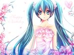  aqua_eyes aqua_hair dress earrings flower happy_birthday hatsune_miku hiromi_(pico_milk) jewelry long_hair solo strapless strapless_dress twintails very_long_hair vocaloid 