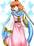  74 brown_eyes curly_hair dress fire_emblem fire_emblem:_seisen_no_keifu lana_(fire_emblem) orange_hair scarf smile solo staff striped striped_scarf 