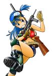  bad_id bad_pixiv_id bandolier bikini_top blue_eyes blue_hair boots bulma dragon_ball dragon_ball_(classic) dragon_ball_z explosive fingerless_gloves gloves goggles grenade grin gun knee_pads m3_greasegun navel one_side_up shotgun smile solo submachine_gun trigger_discipline weapon 