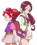  anime_coloring bag belt bow company_connection cowboy_shot crossover double_bun from_side hanasaki_tsubomi harukaze_doremi heartcatch_precure! jun_(666) long_hair low_twintails multiple_girls official_style ojamajo_doremi pink_eyes pink_hair precure profile red_bow red_hair school_bag school_uniform skirt touei twintails walking white_background 