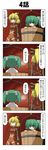  4koma blonde_hair bow bucket closed_eyes comic green_eyes green_hair hair_bobbles hair_bow hair_ornament highres in_bucket in_container kisume kurodani_yamame multiple_girls rappa_(rappaya) red_eyes sweatdrop touhou translated twintails 