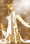  angel_wings blonde_hair coat ebina gun himitsu_~kuro_no_chikai~_(vocaloid) kagamine_rin necktie single_wing solo vocaloid weapon wings 