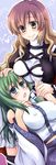  bad_id bad_pixiv_id blush breast_suppress breasts covered_nipples detached_sleeves green_hair hair_tubes hand_on_another's_head hijiri_byakuren kochiya_sanae large_breasts long_hair multiple_girls open_mouth smile taka_(sena) touhou 