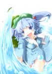  absurdres backpack bad_id bad_pixiv_id bag blue_eyes blue_hair hair_bobbles hair_ornament hat highres kawashiro_nitori key open_mouth rope short_hair solo toor_0111 touhou twintails two_side_up water 