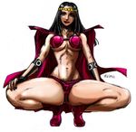  1girl babtyu big_barda black_hair blue_eyes boots bra breasts cape dc_comics female full_body lingerie long_hair midriff simple_background solo spread_legs squat squatting tiara underwear white_background 