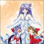  bare_shoulders bat_wings blonde_hair blue_eyes blue_hair bride cross dress flandre_scarlet hat izayoi_sakuya multiple_girls nanashii_(soregasisan) ponytail red_eyes remilia_scarlet short_hair side_ponytail silver_hair tears touhou wedding_dress wings 