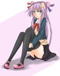  alternate_costume contemporary crescent crescent_hair_ornament green_eyes hair_ornament legs long_hair patchouli_knowledge purple_hair ram_hachimin ribbon school_uniform solo thighhighs touhou very_long_hair 