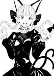  animal_ears bangs blunt_bangs braid cat_ears cat_tail extra_ears face fangs greyscale hands kaenbyou_rin long_hair long_sleeves monochrome multiple_tails open_mouth pointy_ears sabiirodoramu solo tail touhou twin_braids 