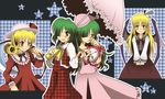  ascot bad_id bad_pixiv_id bat_wings blonde_hair blush bow chain clock dual_persona elly green_eyes green_hair grey_eyes hair_over_one_eye hair_ribbon hat kazami_yuuka kazami_yuuka_(pc-98) kurumi_(koutetsu_tenshi_kurumi) long_hair multiple_girls owos pajamas plaid plaid_star ribbon scythe smile star touhou touhou_(pc-98) umbrella vest wings 