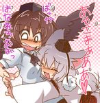  animal_ears annoyed blush brown_hair eromame grey_hair hat inubashiri_momiji lowres multiple_girls shameimaru_aya short_hair surprised tail tail_wagging tokin_hat touhou translated wings wolf_ears wolf_tail 