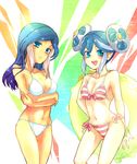  bikini blue_eyes blue_hair double_bun inazuma_eleven inazuma_eleven_(series) innertube irouha long_hair maquia multicolored_hair multiple_girls striped striped_bikini swimsuit urubida 