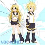  1girl alternate_hair_length alternate_hairstyle blonde_hair blue_eyes blush brother_and_sister detached_sleeves hair_ornament hair_ribbon hairclip headphones kagamine_len kagamine_rin long_hair necktie ribbon shorts siblings sky_(freedom) spiked_hair twins vocaloid yellow_neckwear 