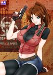  belt bike_shorts blue_eyes boots breasts brown_hair browning_hi-power claire_redfield cutoffs fingerless_gloves gloves gun handgun highres knife large_breasts long_hair midriff navel ponytail resident_evil resident_evil_2 shirt shorts size_hermitage smile solo sunglasses taut_clothes taut_shirt trigger_discipline vest weapon 