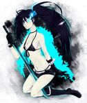  bad_id bad_pixiv_id bikini_top black_hair black_rock_shooter black_rock_shooter_(character) blue_eyes boots burning_eye flat_chest gloves highres kneeling long_hair midriff nauchi navel pale_skin scar shorts solo sword twintails uneven_twintails weapon 
