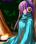  :d against_tree android_(sekaiju) blush cloak from_side looking_at_viewer olympia open_mouth outdoors purple_hair pyro_jack sekaiju_no_meikyuu sekaiju_no_meikyuu_3 smile tent tree tsuzuri_(tuzuri) turtleneck yellow_eyes 
