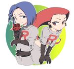  1girl bad_id bad_pixiv_id blue_hair c_(dtmd) clothes_writing flower hair_slicked_back kojirou_(pokemon) musashi_(pokemon) no_nose pokemon pokemon_(anime) red_flower red_hair red_rose rose simple_background team_rocket 