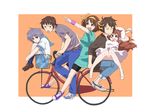  3girls :d :o ^_^ asahina_mikuru back-to-back bare_legs bicycle bicycle_basket blue_legwear blue_pants brown_eyes brown_footwear brown_hair casual closed_eyes d: denim dress endless_eight green_shirt ground_vehicle hair_ribbon in_basket kita_high_school_uniform knees_together_feet_apart koizumi_itsuki kyon leg_hug loafers multiple_boys multiple_girls multiple_riders nagato_yuki no_socks open_mouth orange_background pants pink_dress purple_footwear purple_hair purple_shirt ribbon riding school_uniform serafuku shirt shoes short_sleeves shorts sitting sitting_on_lap sitting_on_person smile suzumiya_haruhi suzumiya_haruhi_no_yuuutsu t-shirt white_footwear white_shirt wristband yellow_ribbon zuwako 