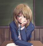  blazer blush brown_hair chin_rest desk extra faith_(sbi) jacket k-on! long_hair ribbon solo tachibana_himeko yellow_eyes 