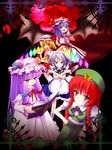  apron bat_wings braid crystal demon_wings emiru_(mikosan) flandre_scarlet hat highres hong_meiling izayoi_sakuya looking_at_viewer maid mob_cap moon multiple_girls patchouli_knowledge red_hair red_moon remilia_scarlet short_hair silver_hair star the_embodiment_of_scarlet_devil touhou twin_braids upper_body vampire waist_apron wings 