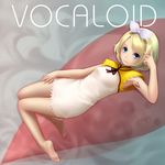  aqua_hair armpits barefoot blonde_hair dress face feet hair_ribbon kagamine_rin legs ribbon short_dress short_hair solo vocaloid yori_(shitsuon) 