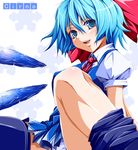  bad_id bad_pixiv_id black_legwear blue_hair blush bow character_name cirno hachimitsu_candy hair_bow ice legs panties pantyshot short_hair solo thighhighs touhou underwear wings 