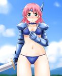  1girl bra choker female final_fantasy final_fantasy_v gauntlets green_eyes knight lenna_charlotte_tycoon lingerie midriff ottosei outdoors panties pink_hair short_hair shoulder_pads sky solo sword tiara underwear weapon 