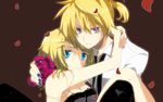  1girl blonde_hair blue_eyes breasts brother_and_sister cleavage flower hair_ornament hairclip holding kagamine_len kagamine_rin marirero_a medium_breasts petals rose short_hair siblings twins vocaloid 