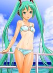  :p aqua_eyes aqua_hair bikini blush breasts cloud cowboy_shot day hatsune_miku highres jpeg_artifacts long_hair looking_at_viewer lowleg naughty_face ocean one-piece_tan outdoors railing sky small_breasts smile solo standing striped striped_bikini swimsuit tan tanline thigh_gap tongue tongue_out twintails underboob very_long_hair vocaloid yoshida_hajime 